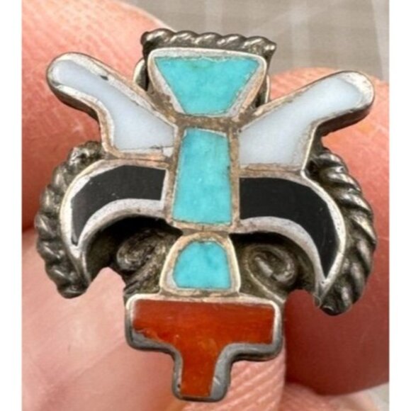 Zuni Sterling Silver Inlay Old Pawn Zuni Knifewing Kachina Clip-On Earrings - Picture 2 of 4